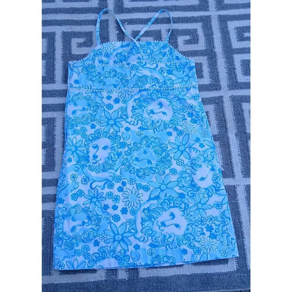 Vintage lilly pulitzer girls 10 yrs shift dress coastal blue lion around floral